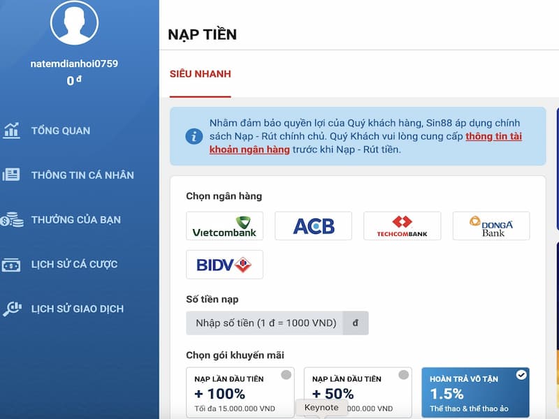 Hướng dẫn nạp tiền Sin88