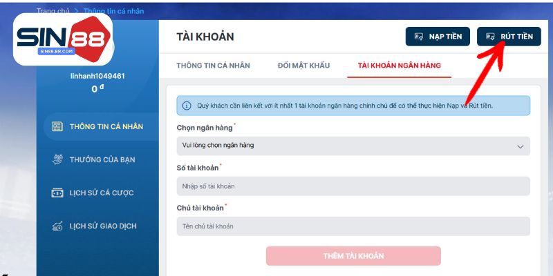 Hướng dẫn rút tiền tài khoản Sin88